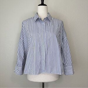 Zara Basic Collection Blue White Striped High-Low Button Down Shirt